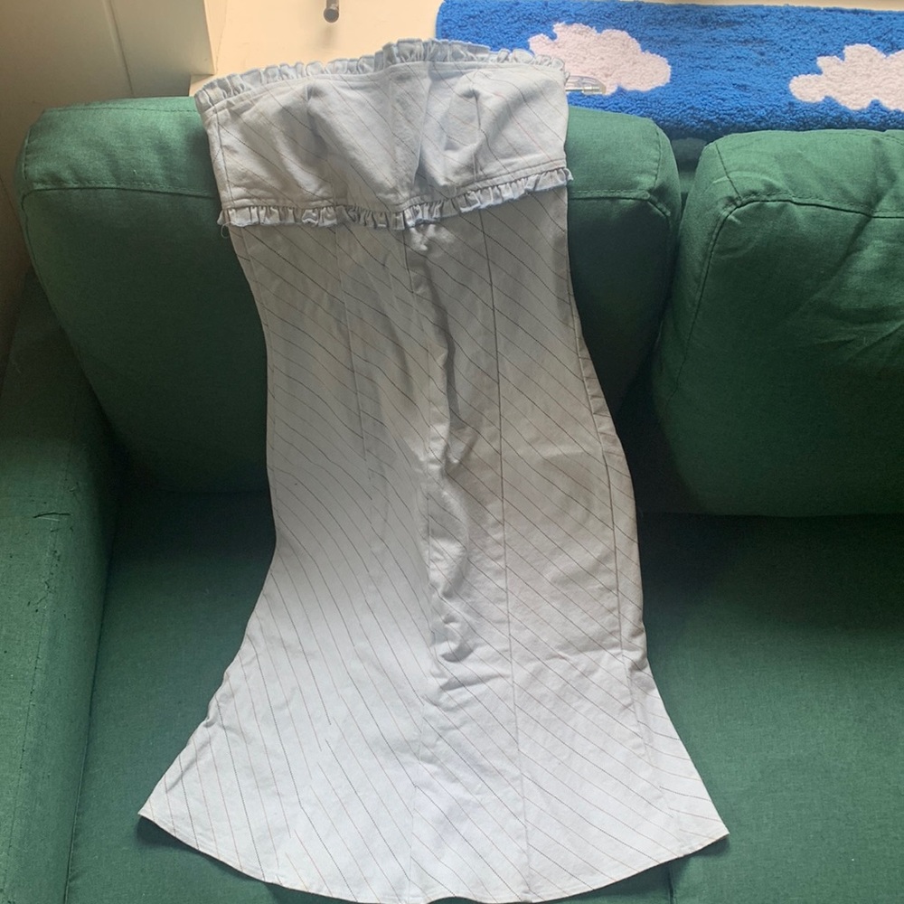 Baby blue with light stripes tub top mermaid flair amazing dress. Ruffle